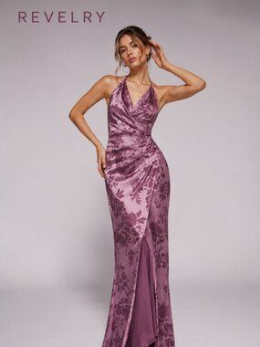 Revelry Size 6 Mauve Floral Satin Halter Maxi Dress Open Back Bridesmaid Gown